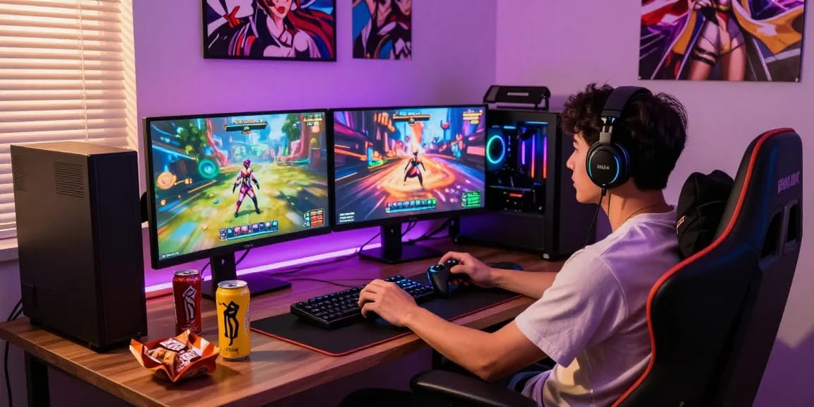 Exciting gamer immersed in real hentai games at a colorful gaming setup.