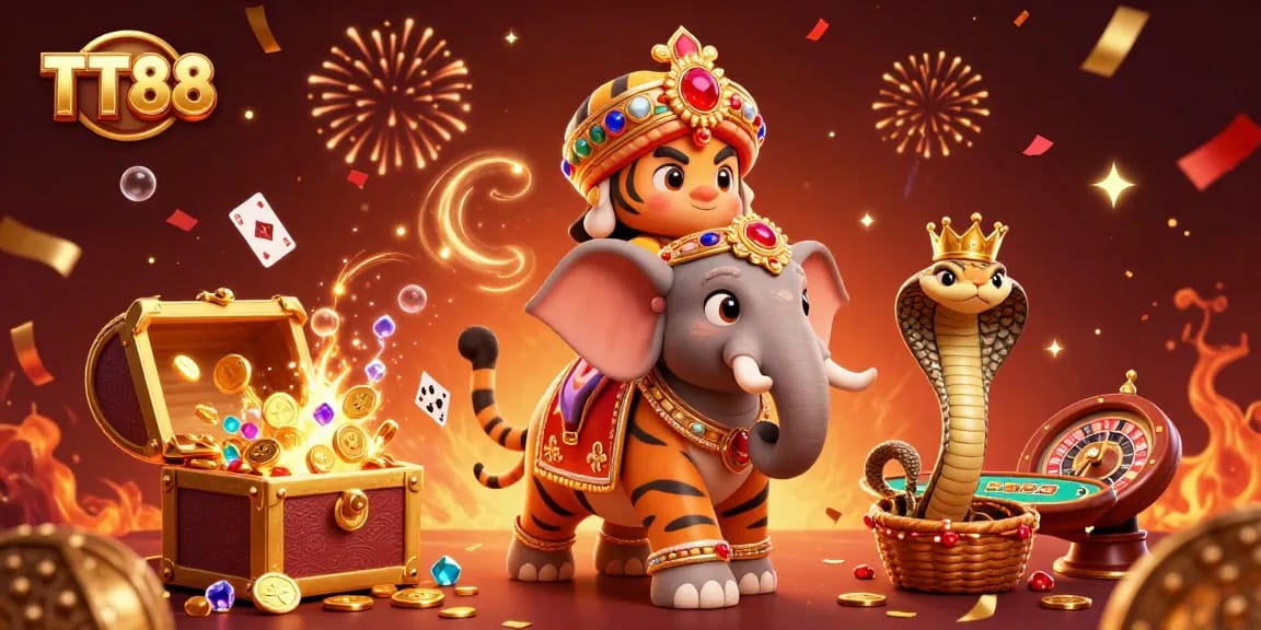 Engage in thrilling casino adventures with TT88 featuring a maharaja tiger, elephant, and cobra amidst vibrant elements.
