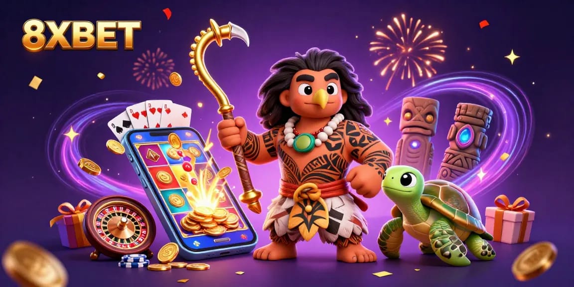 Engage with 8XBET's vibrant gaming scene featuring a cartoon demigod and magical elements.