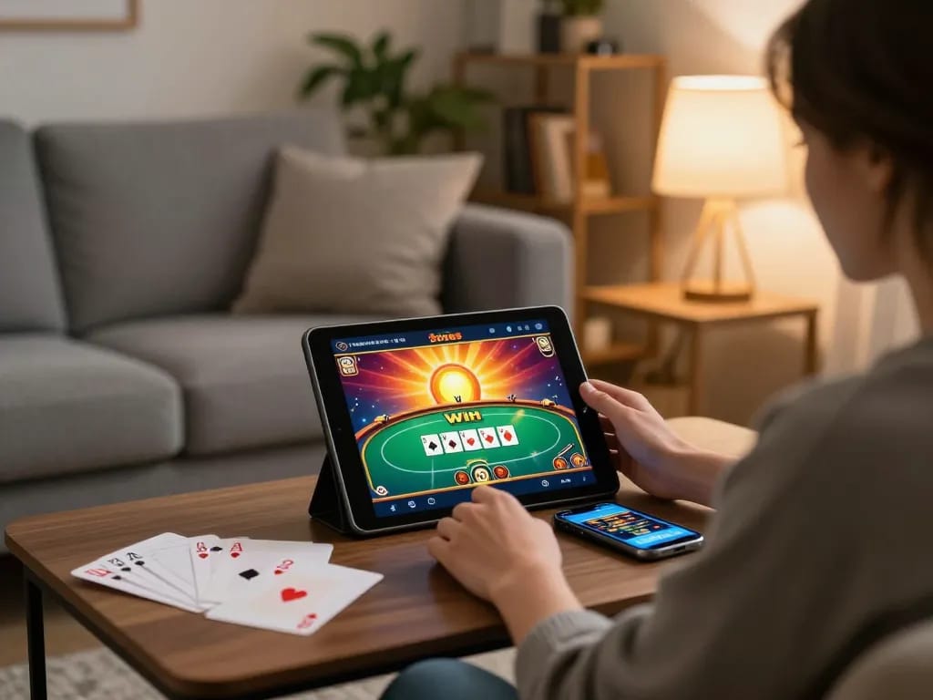 Engaging scene of sun win online gaming from home with poker action on tablet