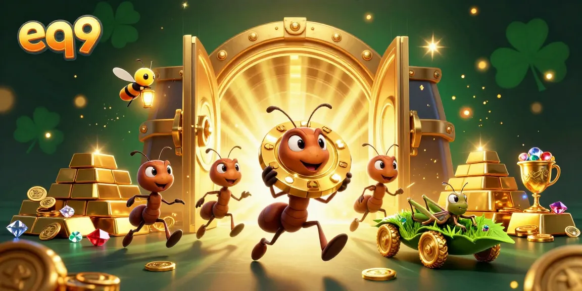 Experience exciting action at eq9 with ants seizing a massive poker chip in this vibrant gambling scene.
