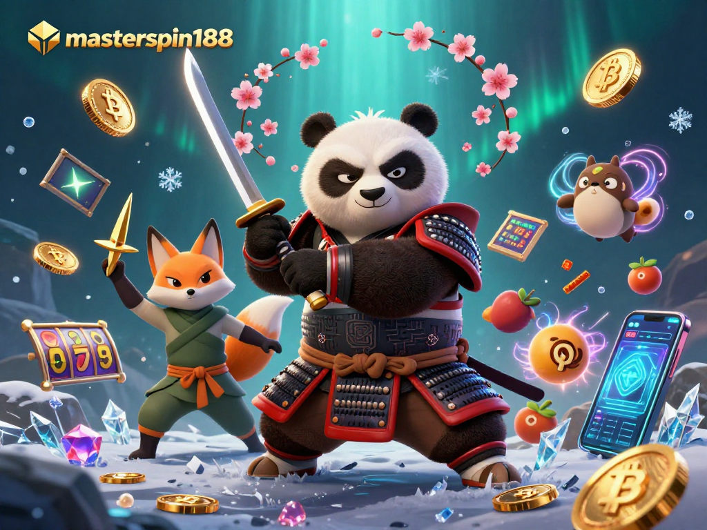 Engage with masterspin188 through this vibrant illustration showcasing a samurai panda and ninja fox in a dynamic casino backdrop.
