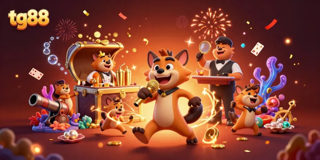 Enjoy exciting games at tg88 casino with lively hyena characters in a vibrant scene.