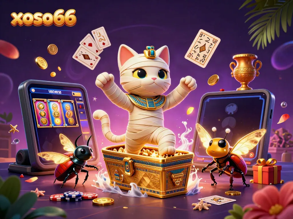 Experience the excitement of xoso66 with a dynamic pyramid casino scene featuring an Egyptian mummy cat and treasures.