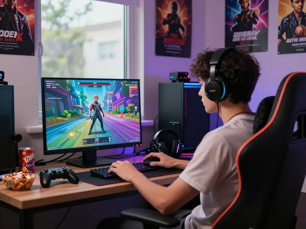 Player immersed in HTML porn games in a cozy gaming room environment.