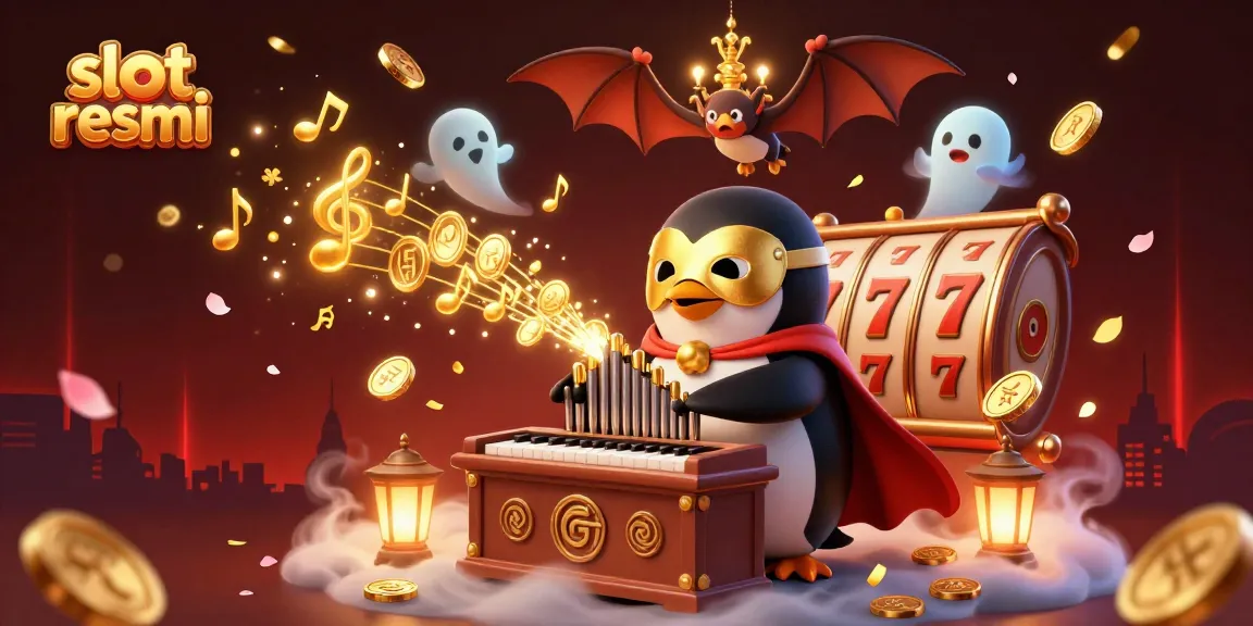 Engage with dazzling slot resmi action, where a penguin plays an organ shooting gold coins amidst floating slot reels and festive decorations.