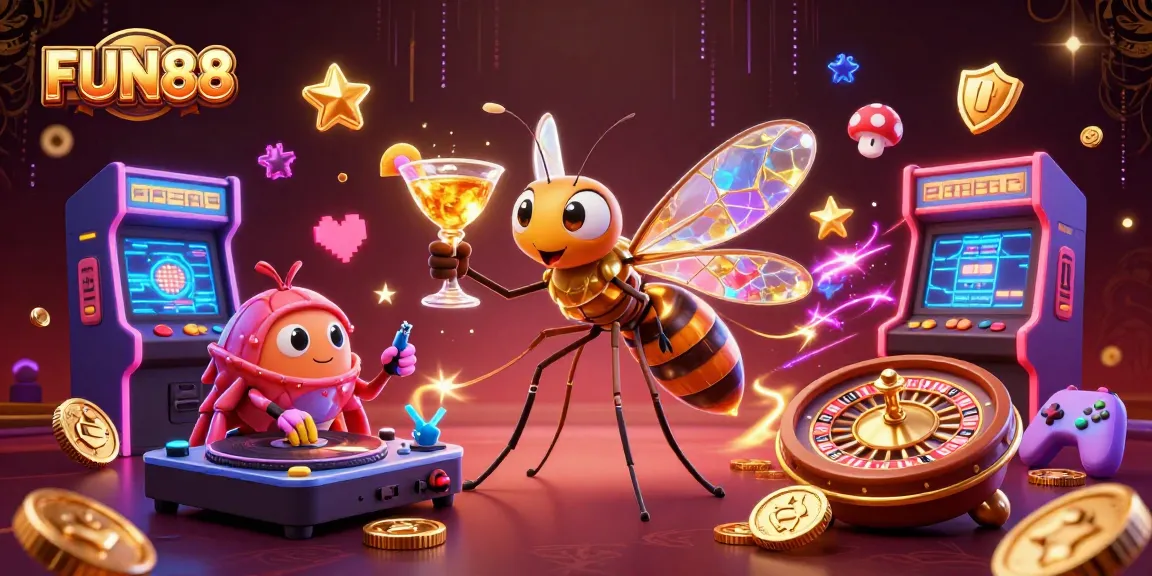 Engage with FUN88's vibrant casino experience featuring a unique frozen-in-amber mosquito mascot.
