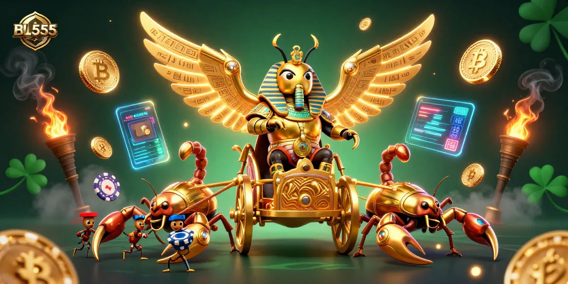 Win big at BL555 with a vibrant casino scene featuring an epic golden beetle and dazzling crypto symbols.