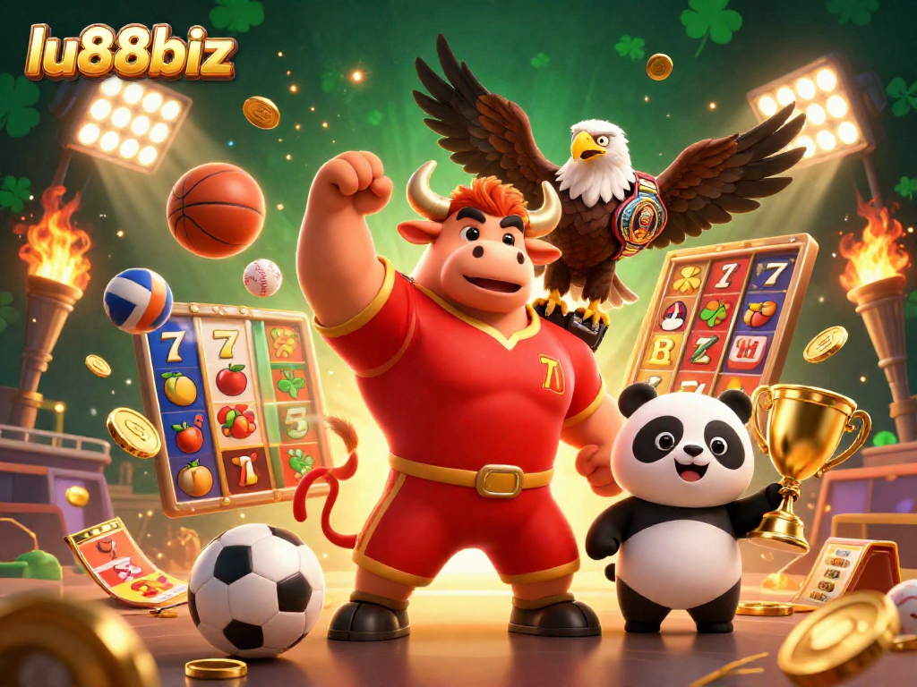 lu88biz features an energetic celebration with a bull mascot, eagle, and panda, showcasing dynamic casino game elements.