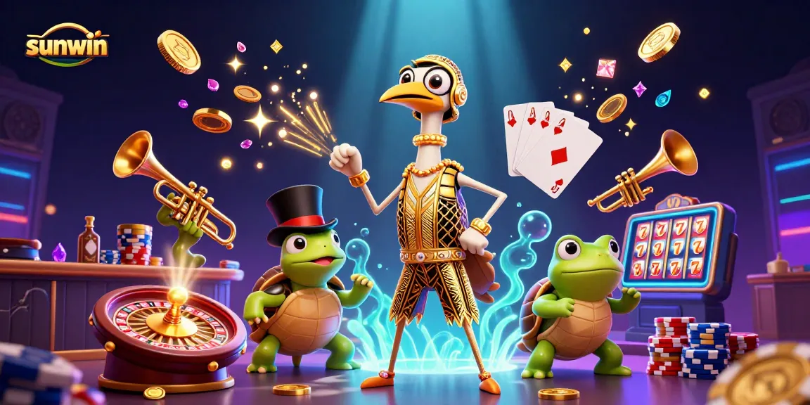 Engage in immersive gaming with sunwin at a vibrant casino scene featuring lively characters.