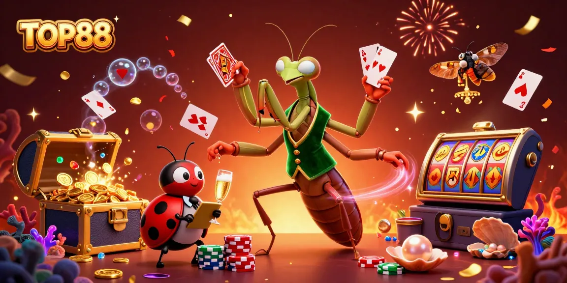 TOP88 players enjoy vibrant games with dynamic scenes of a mantis dealer and bright casinos.