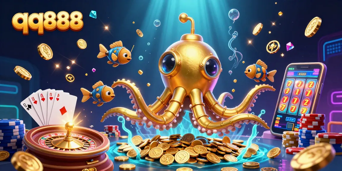 Experience the excitement of qq888 with a golden kraken submarine amidst coins and casino elements.