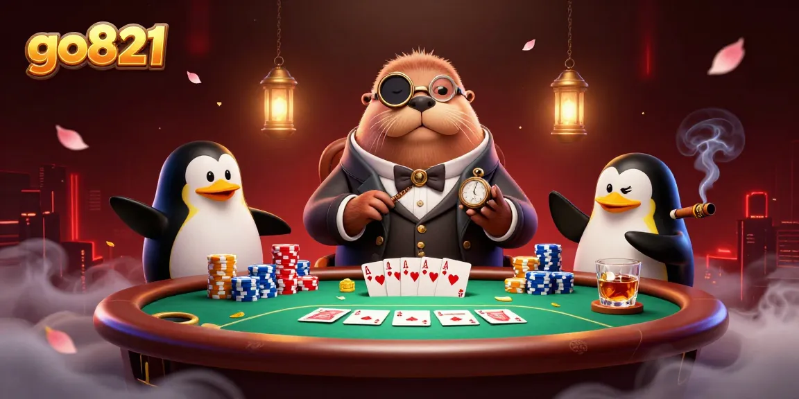 Join the exciting world of go821 with a jolly walrus and friends at an underwater poker game.