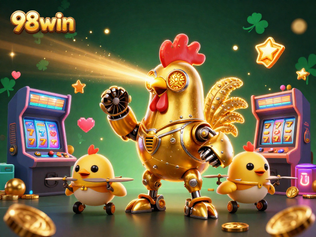 A dynamic scene depicting a golden rooster robot and drones showcasing 98win's vibrant casino universe.