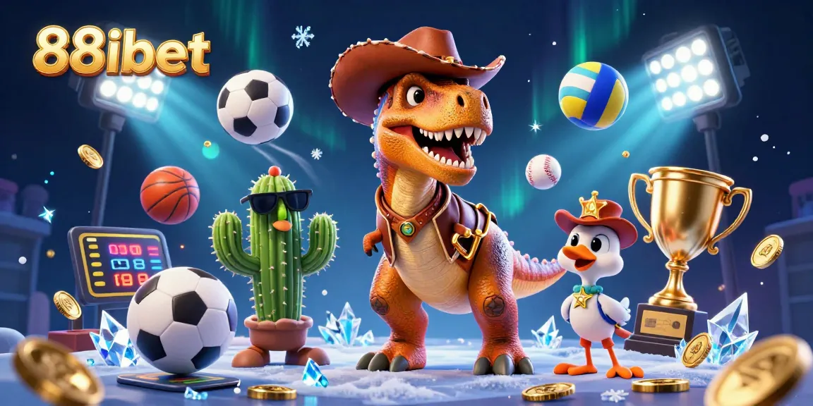 Engaging scene showing 88ibet branding with dynamic sports action, a T-Rex, a cactus, and a roadrunner.