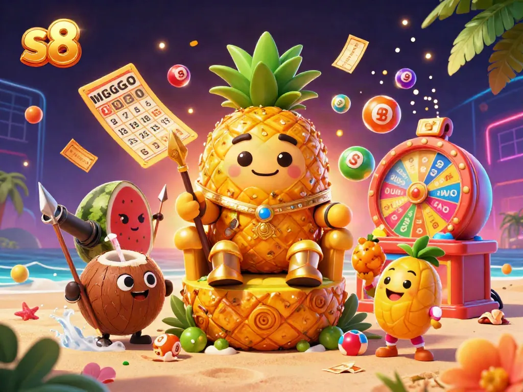 Experience the vibrant beach casino scene at s8 with a golden pineapple king and lively casino elements.