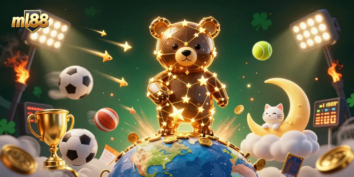 Win big with ml88 as the constellation bear scoops coins from Earth, surrounded by vibrant sports elements.