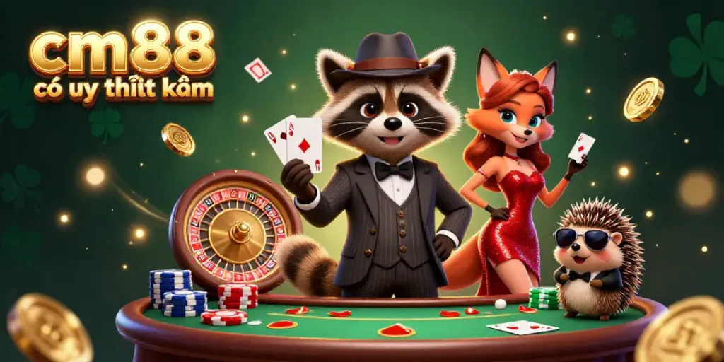 Experience the charm of cm88 có uy tín không with a suave raccoon holding a royal flush in a vibrant casino scene.