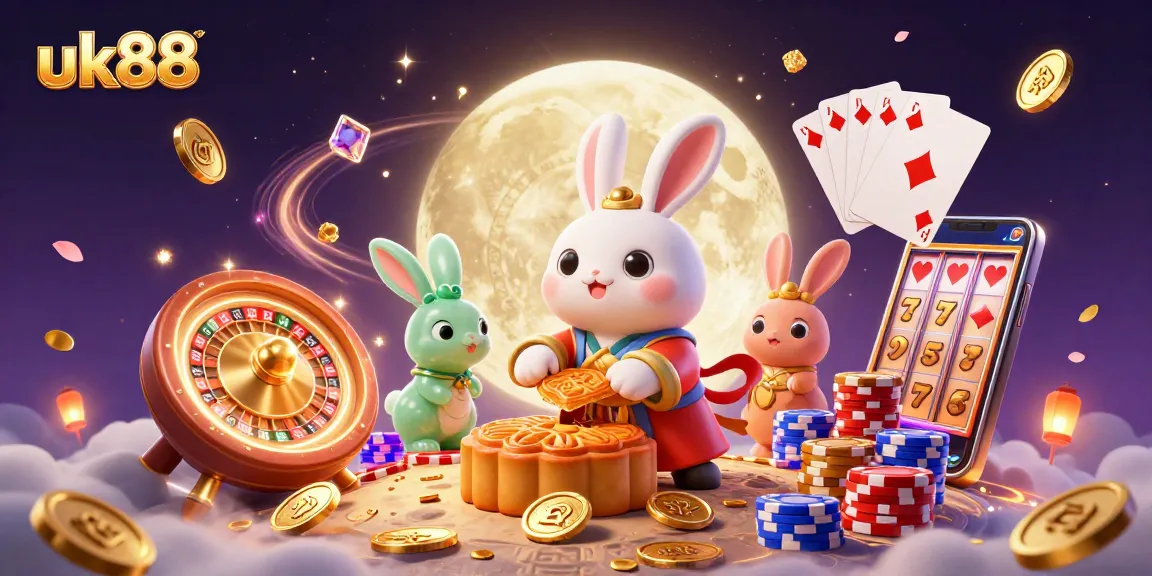 uk88 audience engaging with a vibrant 3D casino scene featuring charming moon rabbits and poker excitement