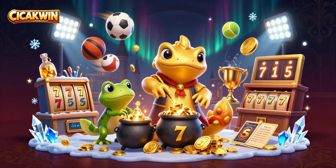 CICAKWIN engages players by showcasing vibrant slots and gaming elements in a mystical alchemical scene.