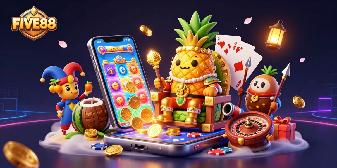 Experience thrilling entertainment at FIVE88 with vibrant games and characters, including a golden pineapple king.