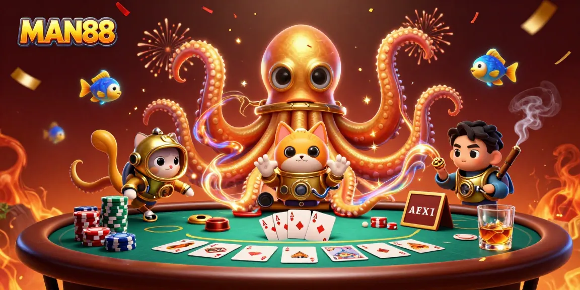 Experience thrilling action with MAN88's immersive gambling scene showcasing a kraken and diving cat.