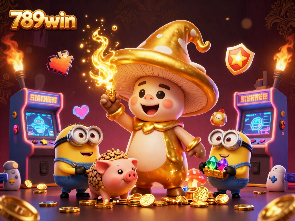 Experience the excitement of 789win with a magical casino scene featuring golden mushrooms and thrilling gaming elements.