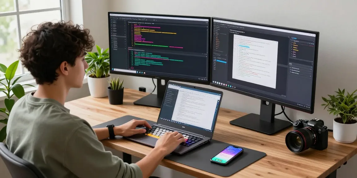 快连 software developer in a modern workspace coding on dual monitors with a vibrant atmosphere.