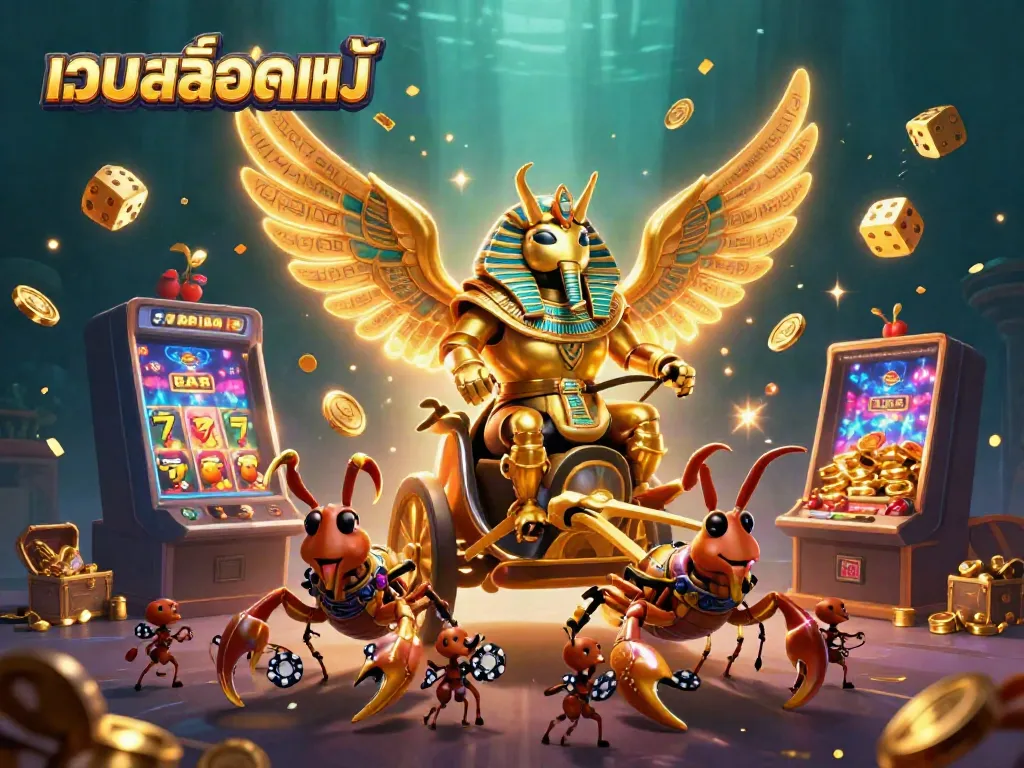 Experience the thrill of เว็บสล็อตแท้ with our vibrant 3D casino scene featuring a golden scarab and jackpot explosion.