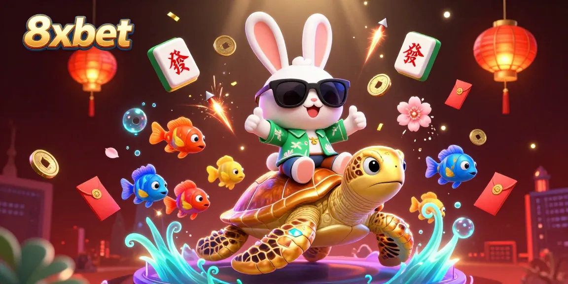 Engaging scene of 8xbet featuring a lucky rabbit and golden turtle, showcasing vibrant casino elements.