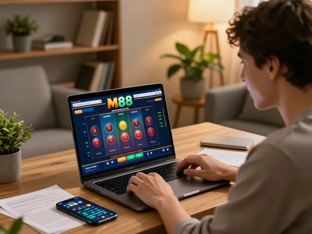 M88 ทางเข้า: ผู้เล่นที่มีส่วนร่วมวางกลยุทธ์เกมออนไลน์จากบ้าน surrounded by notes and device.