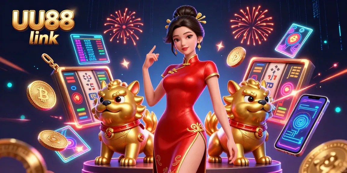 Engage with UU88 link for an exciting online casino experience featuring a glamorous character amidst vibrant gaming symbols.