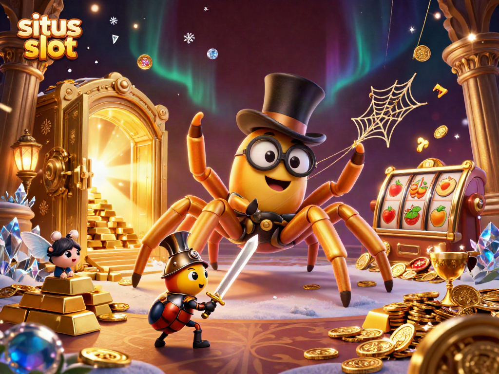 Situs slot illustration featuring a giant golden tarantula and beetle knight amidst spinning reels and treasure.