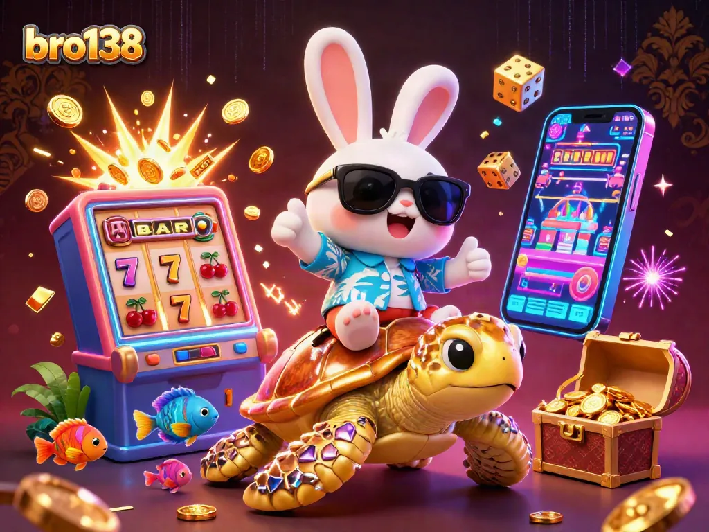 Experience thrilling gameplay with bro138's lucky rabbit and golden sea turtle in this vibrant casino scene.