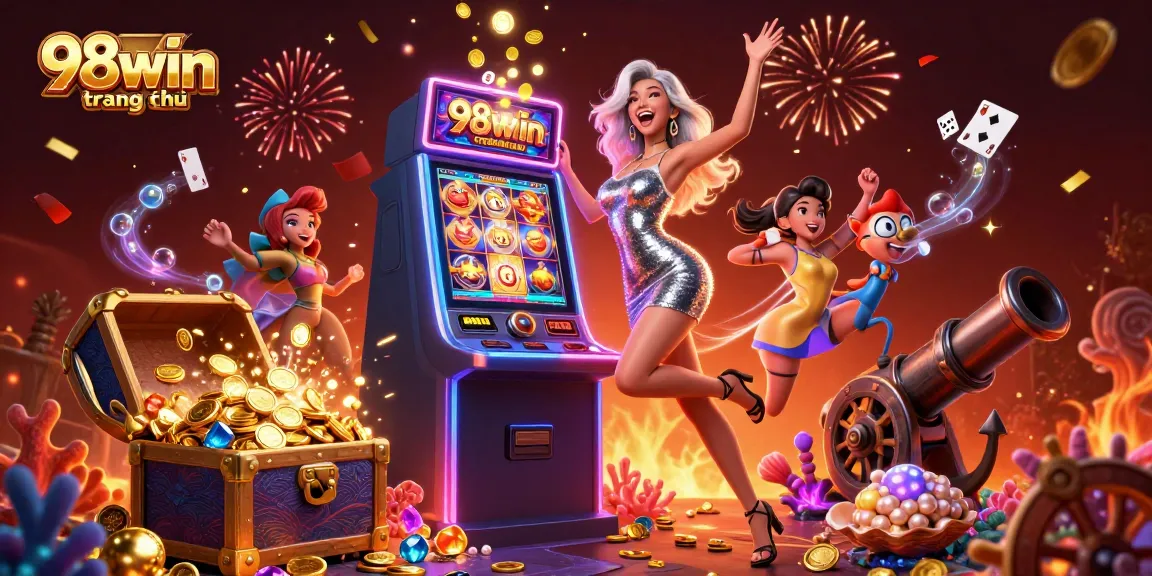 Experience excitement at 98win trang chủ with dazzling wins at the slot machine amidst vibrant casino elements.