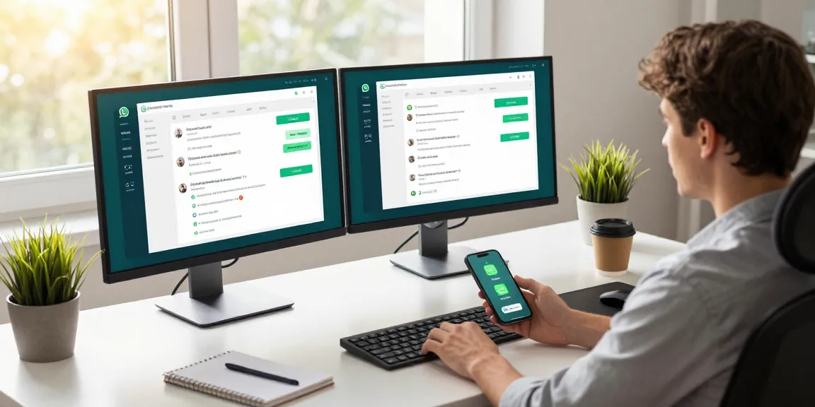 Engaging workspace for using WhatsApp網頁版, featuring dual monitors and smartphone notifications.
