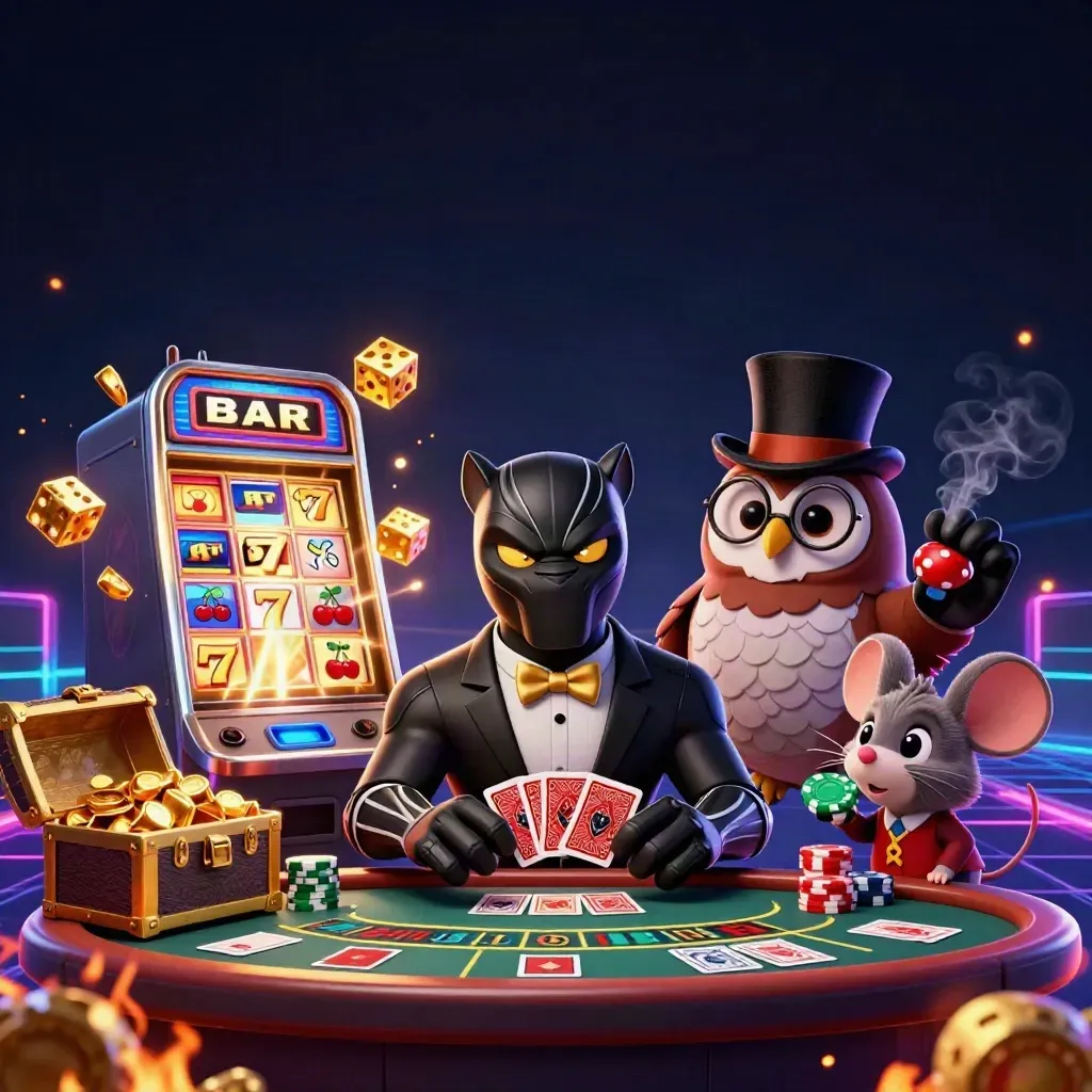 Panther, owl, and mouse in a neon casino burst with gold, slots, roulette, and treasure.