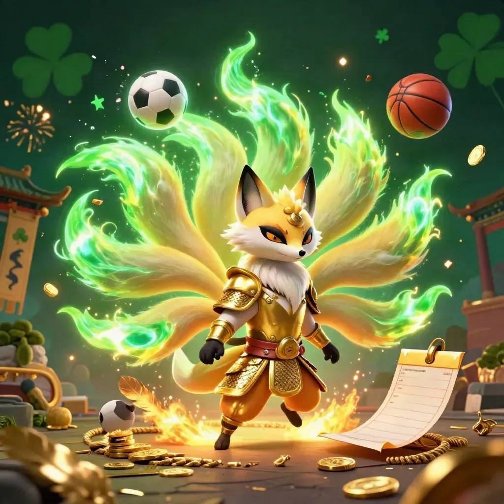 Neon fox spirit and samurai mouse amid flying sports balls, gold sparks, and casino glamour.
