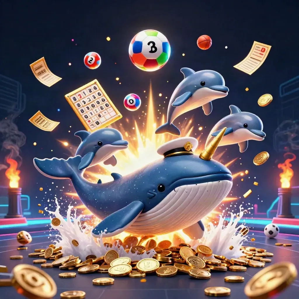 Whale captain, narwhal, and dolphins burst through coins with casino props and neon lighting.