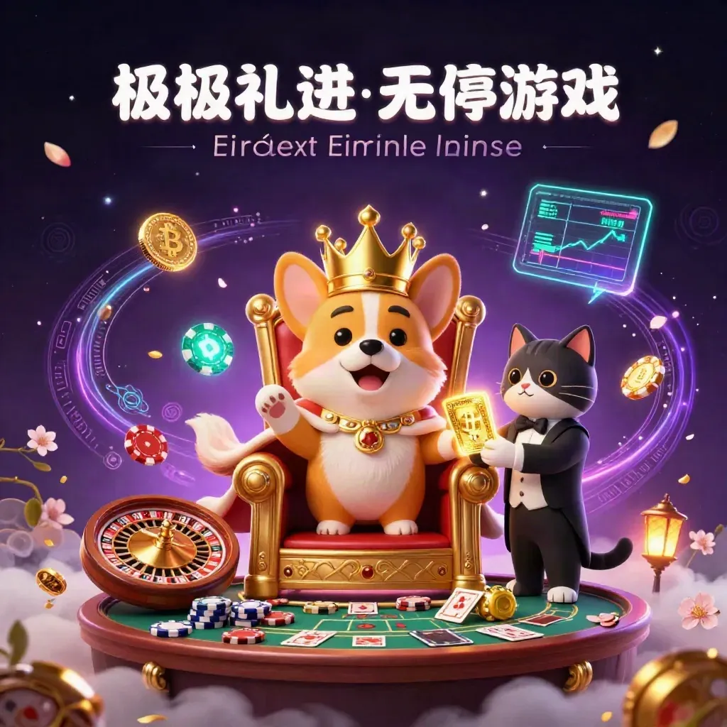 Royal corgi king and cat butler amid casino magic, coins, cards, lightning, and neon treasure.