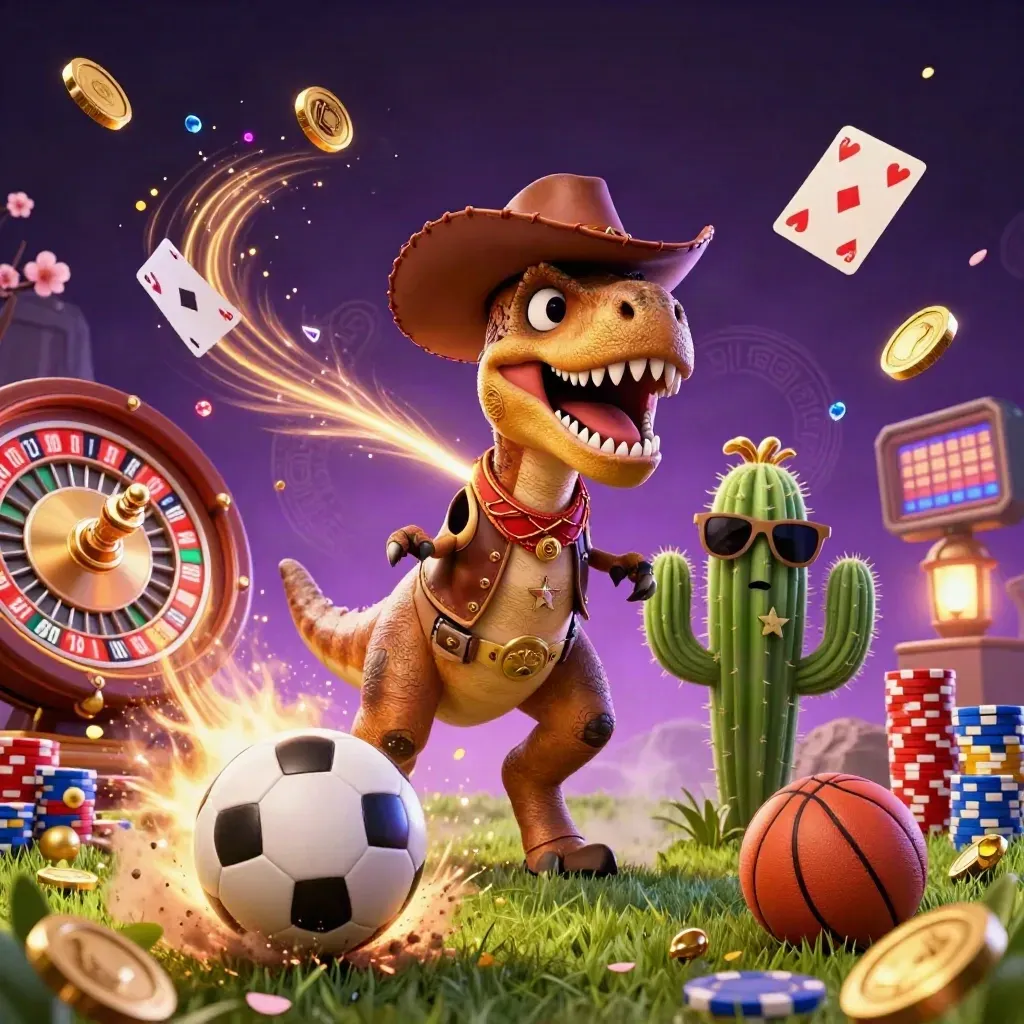 Cowboy T-Rex trio with casino bursts, spinning roulette, chips, coins, starfield glow
