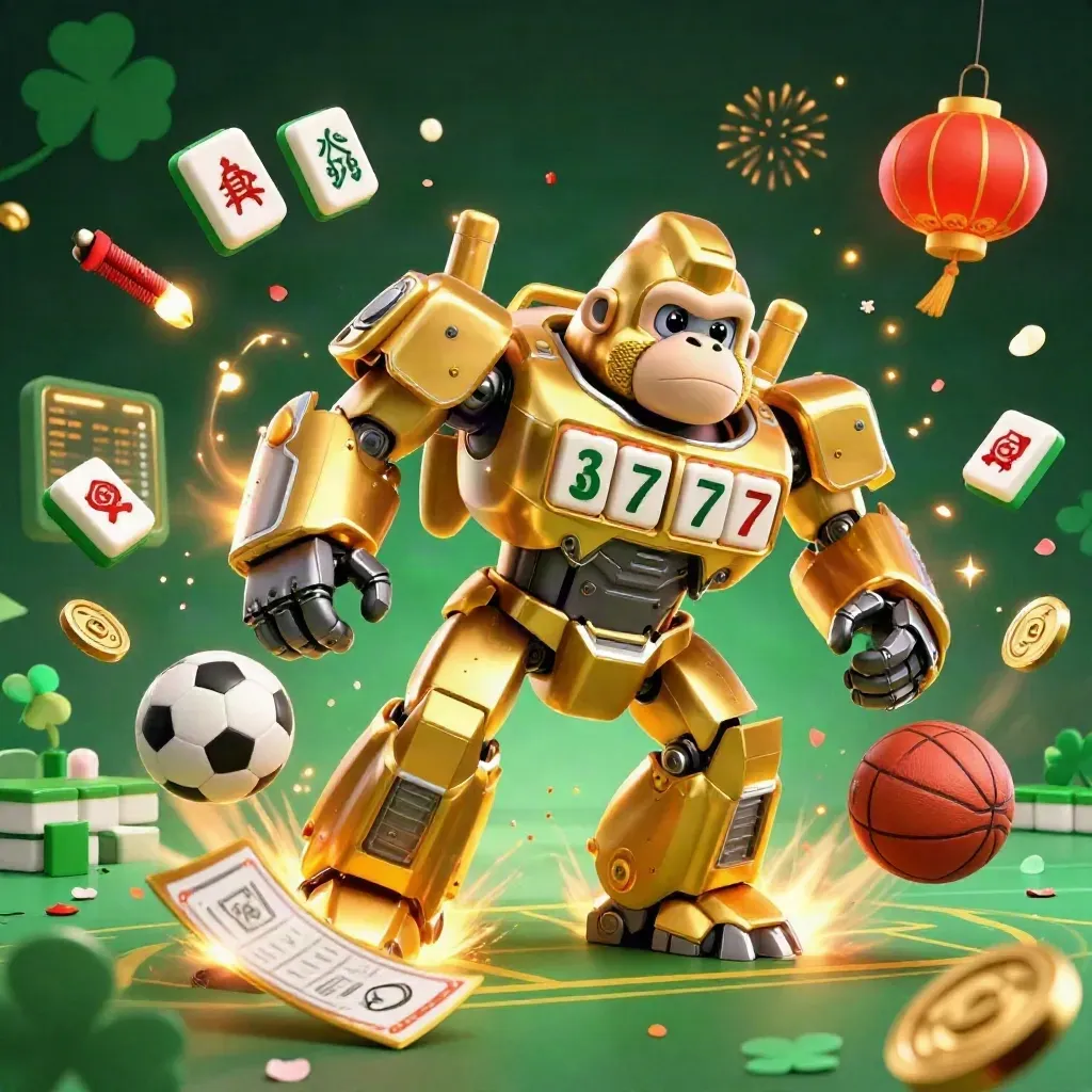 Golden gorilla mech with monkey pilot amid casino icons, balls, fireworks, and green-gold glow.