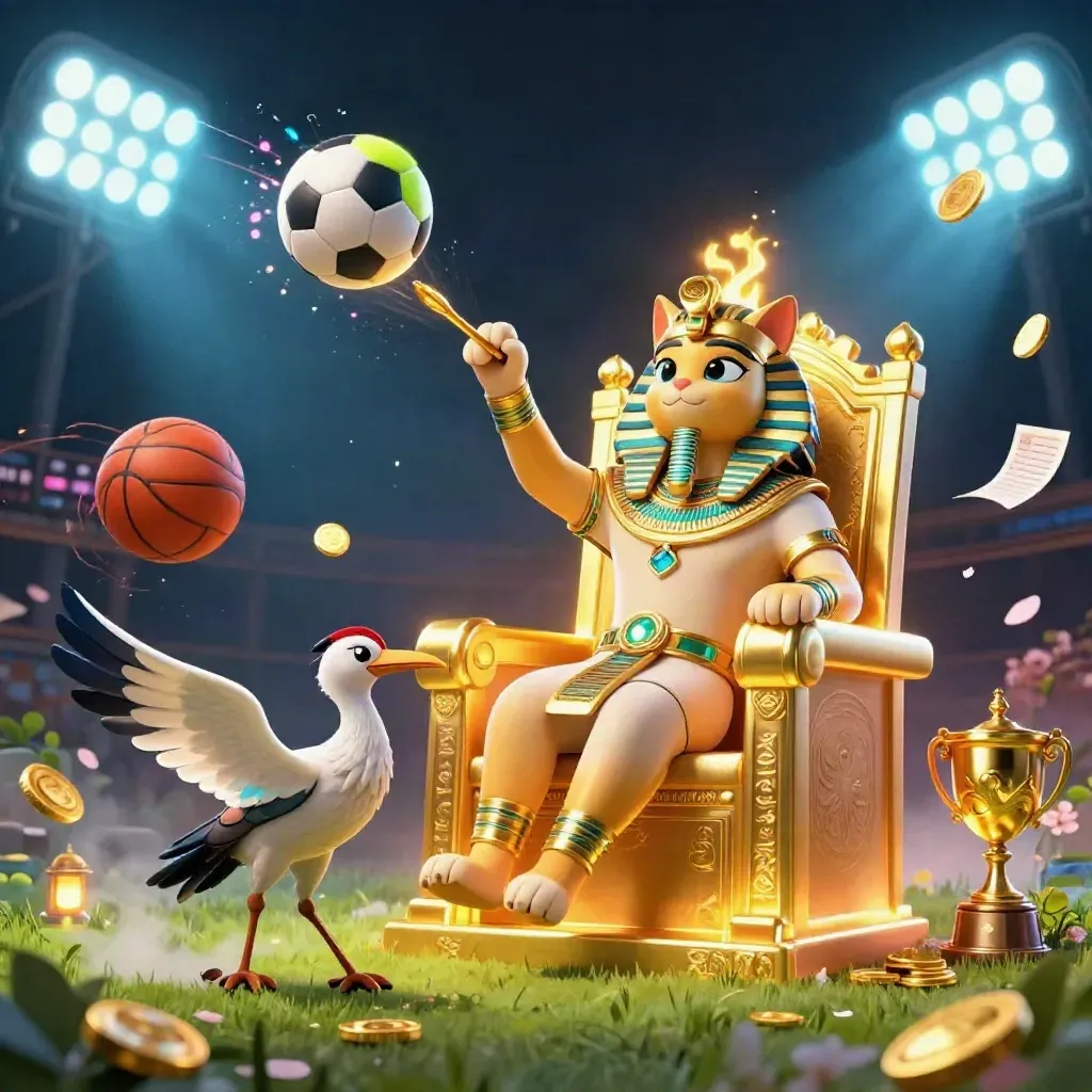 Pharaoh cat on a golden throne with ibis scribe, scarabs, and sports balls in casino glow