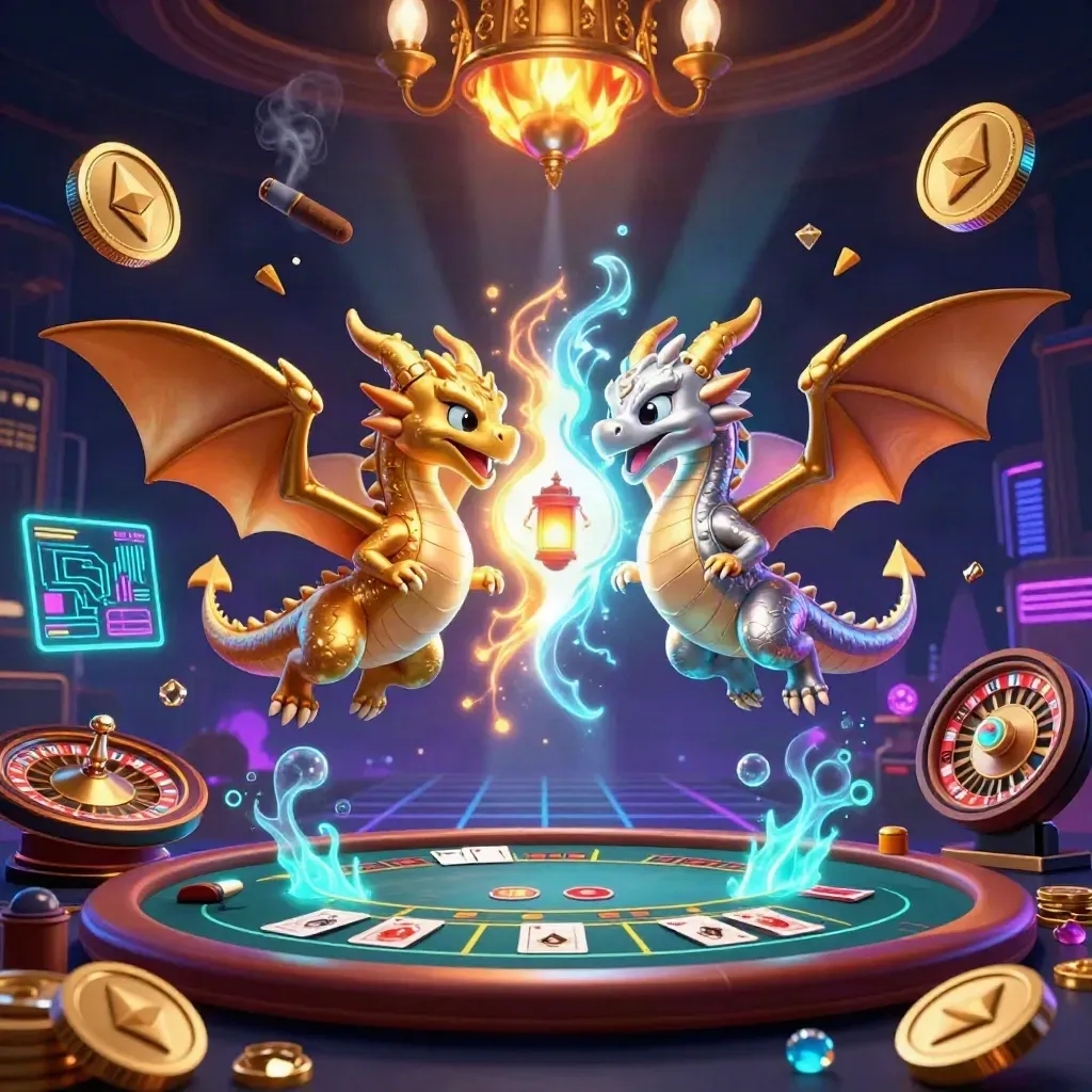 Gold and silver dragons clash in a luxe neon casino sky with coins, charts, and a spinning roulette wheel