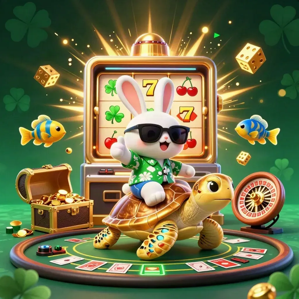 Lucky rabbit on golden sea turtle amid casino lights, slot bursts, roulette, cards, and treasure.