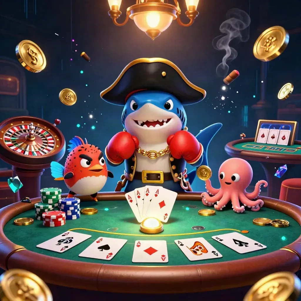 Pirate shark, pufferfish boxer, and coin-juggling octopus in luxe casino neon.