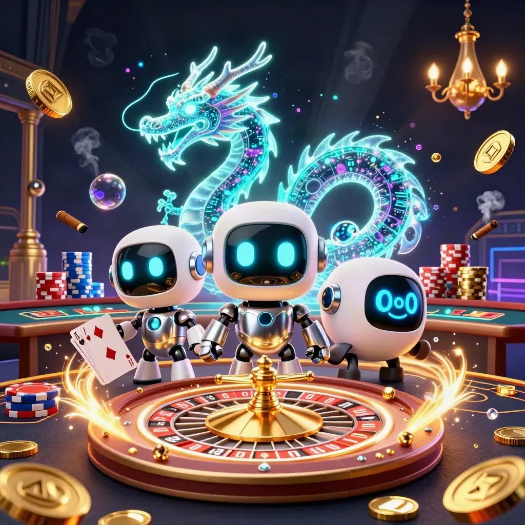 Cyberpunk robot, hologram dragon, and coin drone in a luxe casino glow with coins and cards.