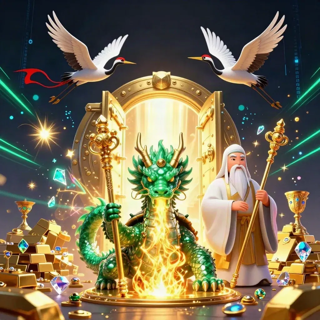 Dragon, turtle sage, and cranes erupting from a glowing treasure vault in neon casino style.