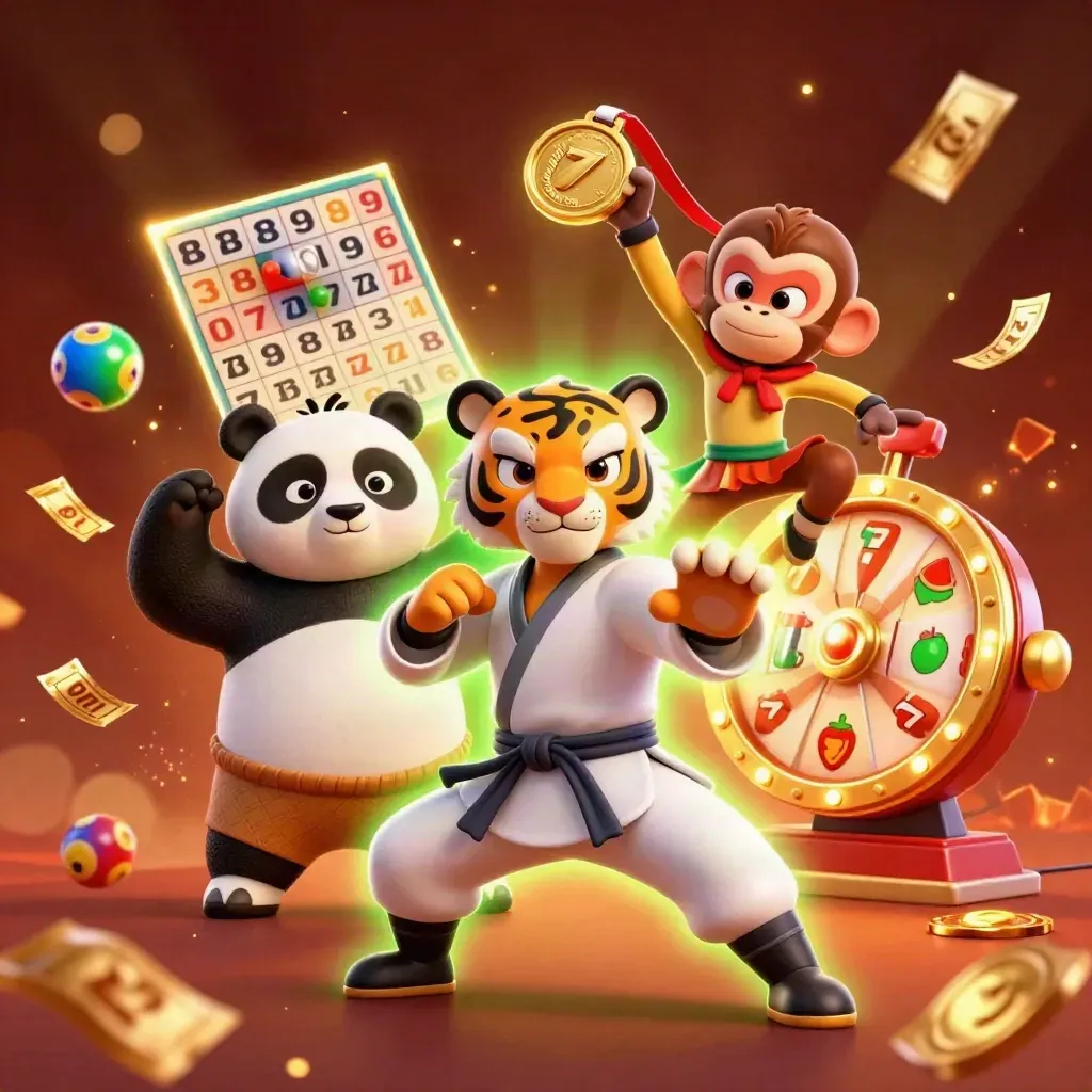 Kung-fu tiger, panda, and monkey amid casino treasures, balls, and neon green energy