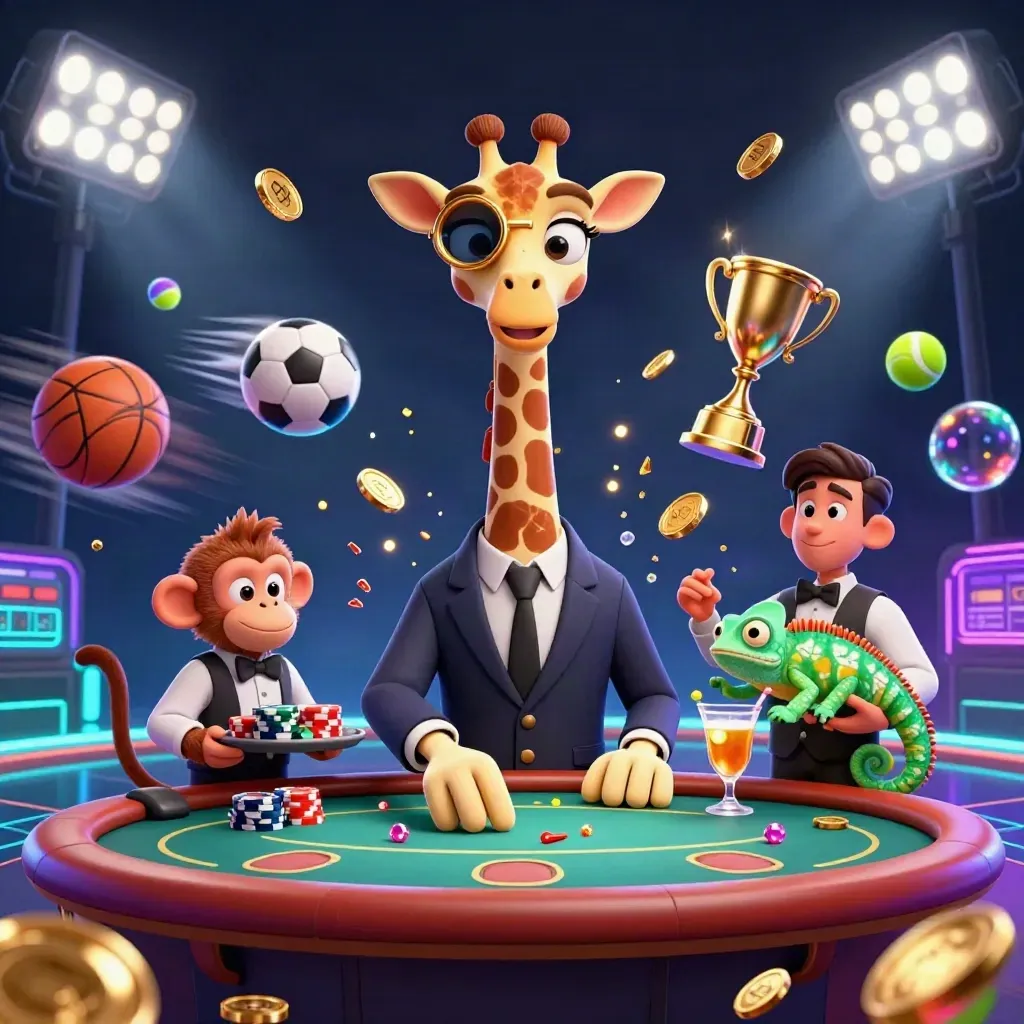 Giraffe high roller, monkey valet, and chameleon bartender amid gold, gems, neon casino light.